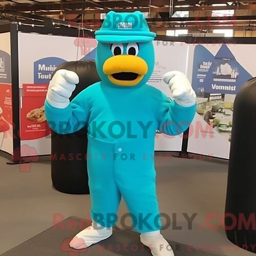Costume De Mascotte Redbrokoly De Gant De Boxe Bleu Sarcelle Habillé Avec Une Salopette Et Des Chapeaux