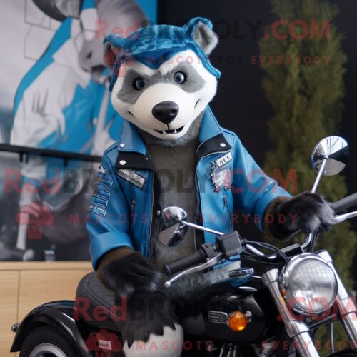 Costume De Mascotte Redbrokoly De Blaireau Bleu Ciel Habillé D Une Veste De Motard Et De Ceintures De Smoking
