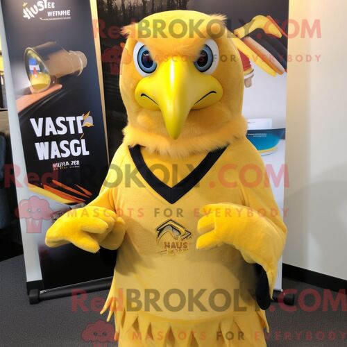 Costume De Mascotte Redbrokoly D Aigle De Haast Jaune Personnage Habillé D Un T-Shirt À Col En V Et D Épingles À Châle