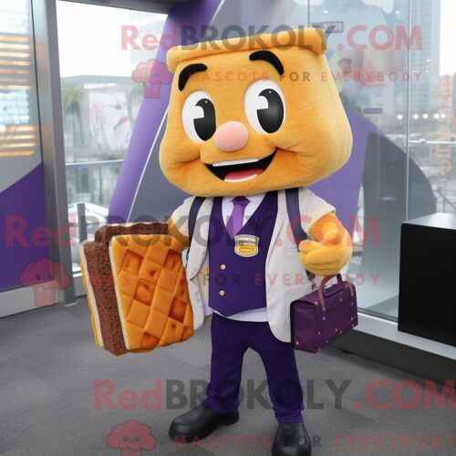 Personnage De Costume De Mascotte Redbrokoly De Sandwich Au Fromage Grillé Violet Habillé D Un Blazer Et De Porte-Documents
