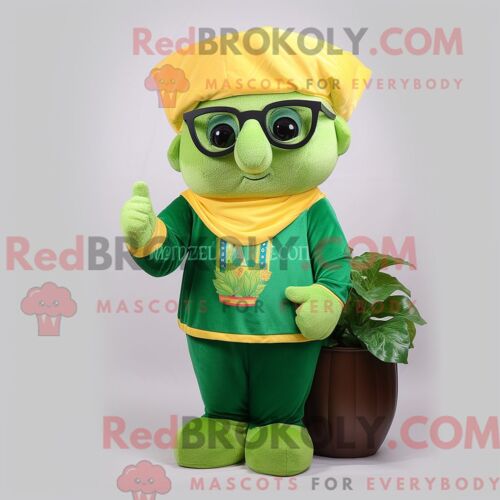 Personnage De Costume De Mascotte Redbrokoly De Pot Of Gold Habillé Avec Un Jean Évasé Et Des Lunettes De Lecture