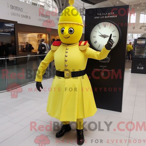 Costume De Mascotte Redbrokoly De La Garde Royale Britannique Jaune Citron Habillé D Une Jupe Circulaire Et De Montres Intelligentes