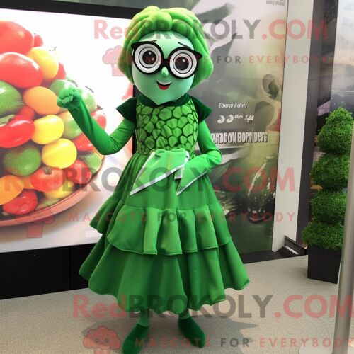 Costume De Mascotte Redbrokoly De Boîte À Bonbons Vert Forêt Habillé D Une Robe Portefeuille Et De Lunettes
