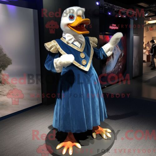 Costume Mascotte Redbrokoly De Canard De Barbarie Bleu Personnage Habillé D Une Robe Et De Boutons De Manchette