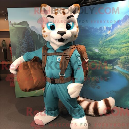 Costume De Mascotte Redbrokoly De Bobcat Turquoise Habillé D Un Pantalon Cargo Et De Ceintures