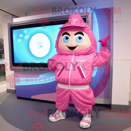 Personnage Mascotte Redbrokoly De Pink Candy Box Habillé D Un Coupe-Vent Et De Montres Numériques
