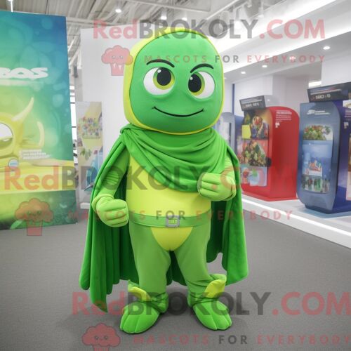 Costume De Mascotte Redbrokoly De Super-Héros Vert Citron Habillé D Un Cardigan Et D Écharpes