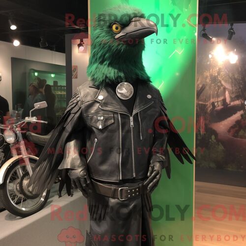 Costume De Mascotte Redbrokoly De Merle Vert Forêt Personnage Habillé Avec Une Veste De Moto Et Des Colliers