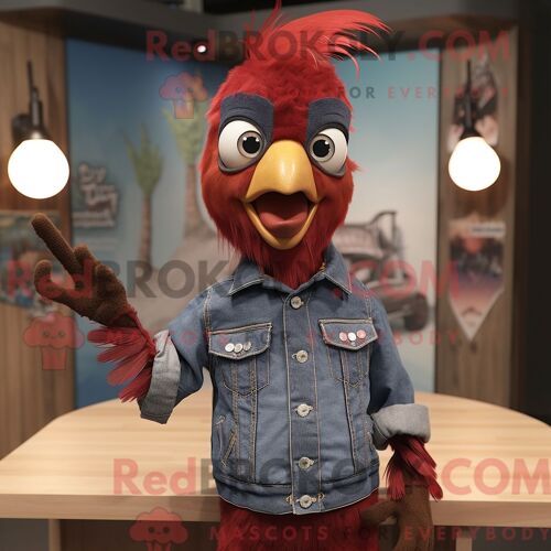 Costume De Mascotte Redbrokoly De Pic Marron Habillé D Une Chemise En Jean Et D Épingles À Cheveux
