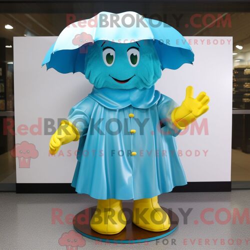 Costume De Mascotte Redbrokoly De Pot D Or Bleu Ciel Habillé D Un Imperméable Et De Coussinets De Pieds