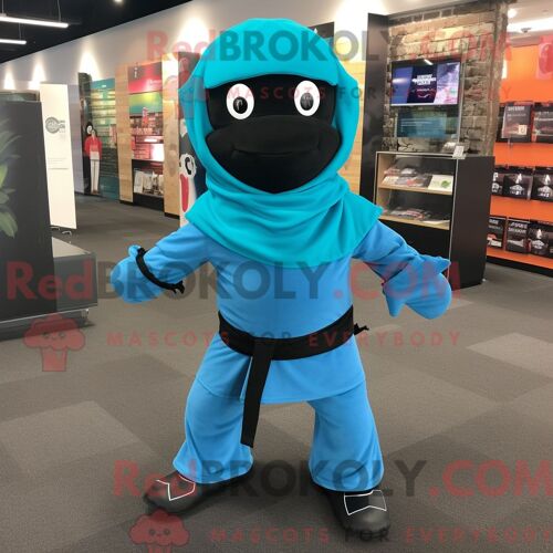 Costume Mascotte Redbrokoly De Ninja Turquoise Personnage Habillé D Un Cardigan Et De Pinces À Chaussures