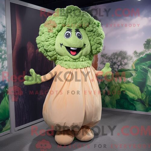 Costume De Mascotte Redbrokoly De Brocoli Beige Habillé D Une Jupe-Culotte Et De Pinces À Cheveux
