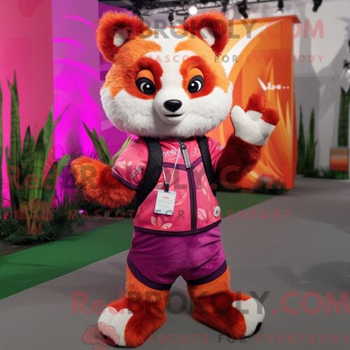 Costume Mascotte Redbrokoly De Panda Roux Magenta Habillé Avec Un Gilet Et Des Bracelets