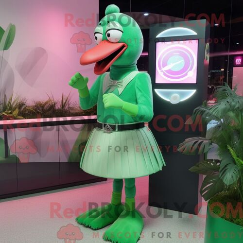 Costume Mascotte Redbrokoly De Flamant Vert Habillé D Une Jupe Plissée Et De Montres Connectées