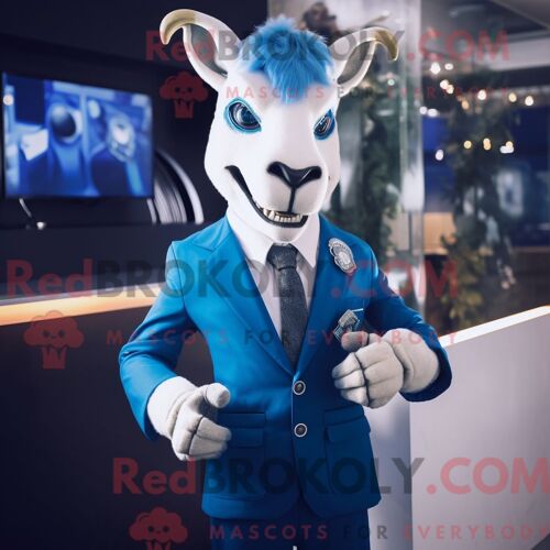 Costume Mascotte Redbrokoly De Chèvre Bleue Habillé Avec Une Veste De Costume Et Des Boutons De Manchette