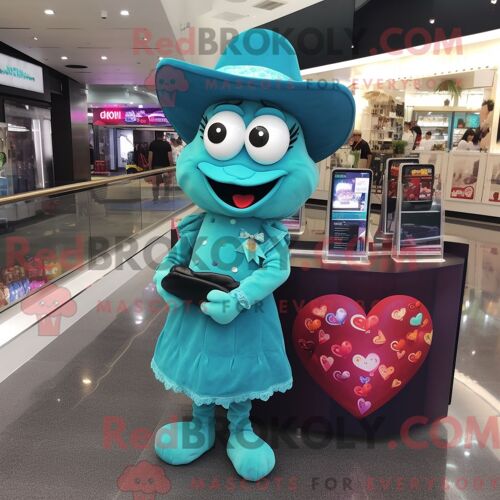 Costume De Mascotte Redbrokoly De Coeur Bleu Sarcelle Habillé Avec Une Robe Midi Et Un Porte-Monnaie