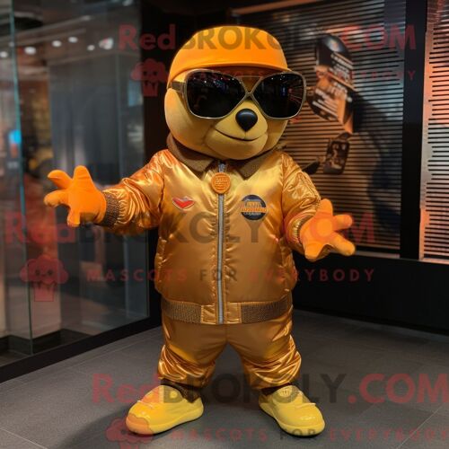 Personnage De Costume De Mascotte Redbrokoly D Orange Doré Habillé Avec Un Blouson Aviateur Et Des Lunettes De Soleil