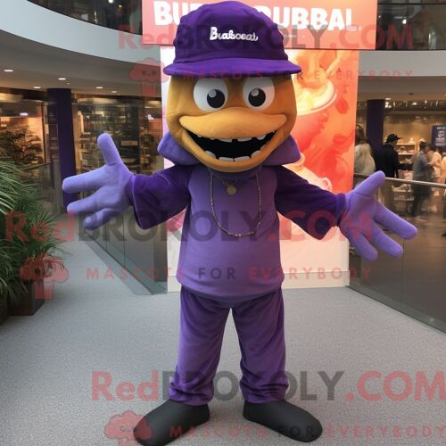 Costume Mascotte Redbrokoly De Barracuda Violet Personnage Habillé D Un Pantalon En Velours Côtelé Et De Bérets