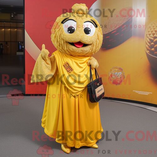Personnage De Costume De Mascotte Redbrokoly De Riz Frit Doré Habillé Avec Une Jupe Longue Et Des Portefeuilles