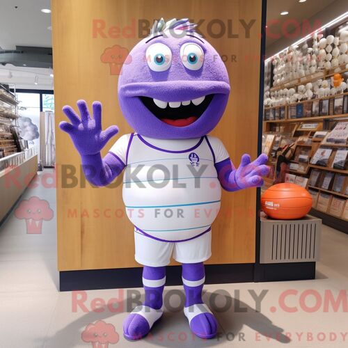 Costume Mascotte Redbrokoly De Ballon De Rugby Lavande Personnage Habillé Avec Un Maillot De Bain Une Pièce Et Des Bracelets