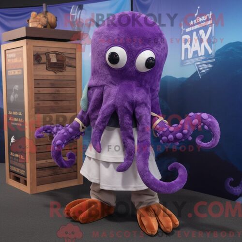 Costume Mascotte Redbrokoly De Kraken Violet Personnage Habillé Avec Un Cardigan Et Des Écharpes
