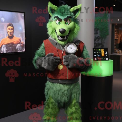 Costume Mascotte Redbrokoly De Loup-Garou Vert Habillé D Un Pull Et De Montres Connectées