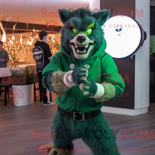 Costume Mascotte Redbrokoly De Loup-Garou Vert Habillé D Un Pull Et De Montres Connectées