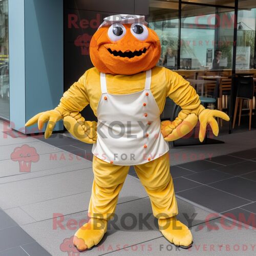 Personnage De Costume De Mascotte Redbrokoly De Beignets De Crabe Jaune Habillé Avec Un Pantalon Chino Et Des Ceintures