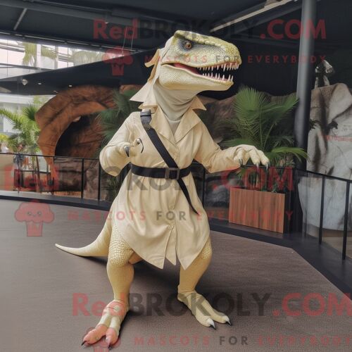 Costume Mascotte Redbrokoly D Allosaure Beige Personnage Habillé Avec Une Robe Portefeuille Et Des Ceintures