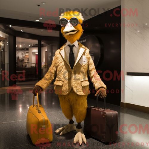 Personnage De Costume De Mascotte Redbrokoly D Autruche Dorée Habillé D Une Veste De Costume Et De Sacs À Main