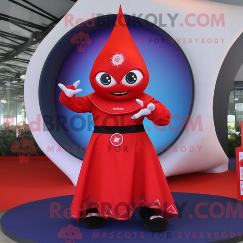 Personnage Mascotte Redbrokoly De Magicien Rouge Habillé D Un Pantalon De Yoga Et D Anneaux
