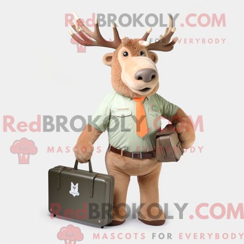 Costume De Mascotte Redbrokoly D Élan Irlandais Pêche Habillé D Une Chemise Boutonnée Et De Porte-Documents