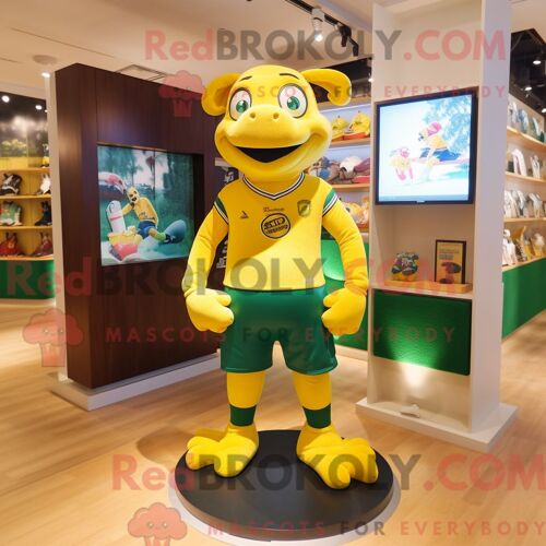 Costume De Mascotte Redbrokoly De Grenouille Jaune Habillé D Une Chemise De Rugby Et De Pinces À Chaussures
