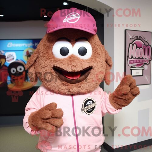 Personnage De Costume De Mascotte Redbrokoly Rose Marron Habillé Avec Un Sweat-Shirt Et Des Épingles À Chapeau