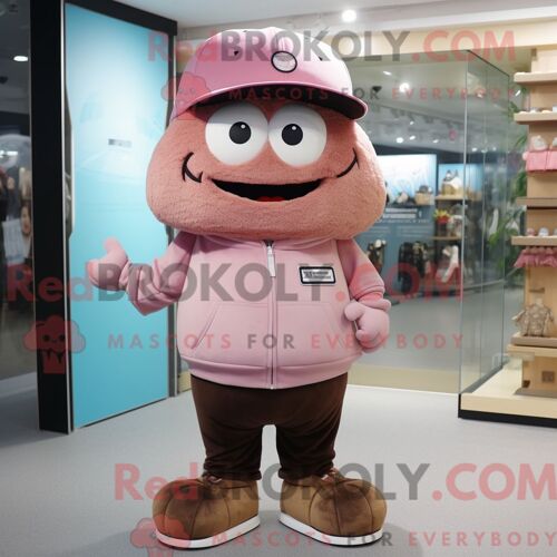 Personnage De Costume De Mascotte Redbrokoly Rose Marron Habillé Avec Un Sweat-Shirt Et Des Épingles À Chapeau