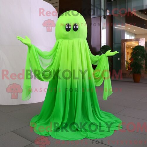 Costume De Mascotte Redbrokoly De Méduse Vert Citron Habillé Avec Une Robe Taille Empire Et Des Foulards