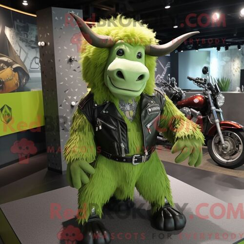 Costume De Mascotte Redbrokoly De Yak Vert Citron Personnage Habillé Avec Une Veste De Motard Et Des Lacets De Chaussures