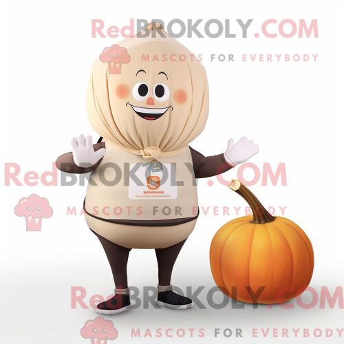 Costume Mascotte Redbrokoly De Citrouille Beige Habillé D Un Pantalon De Yoga Et De Ceintures De Smoking