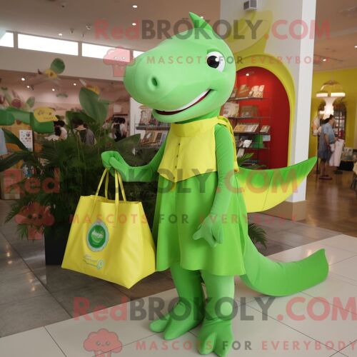 Personnage De Costume De Mascotte Redbrokoly De Dauphin Vert Citron Habillé D Une Robe Trapèze Et De Sacs Fourre-Tout