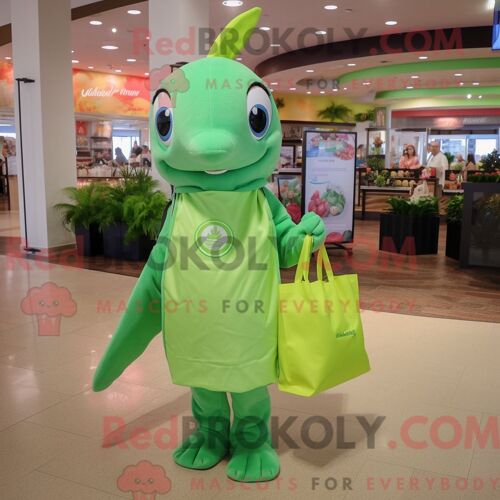 Personnage De Costume De Mascotte Redbrokoly De Dauphin Vert Citron Habillé D Une Robe Trapèze Et De Sacs Fourre-Tout