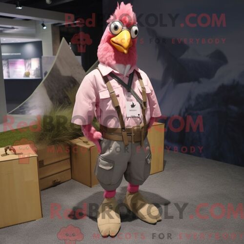 Costume Mascotte Redbrokoly De Coqs Roses Habillé Avec Un Pantalon Cargo Et Des Cravates