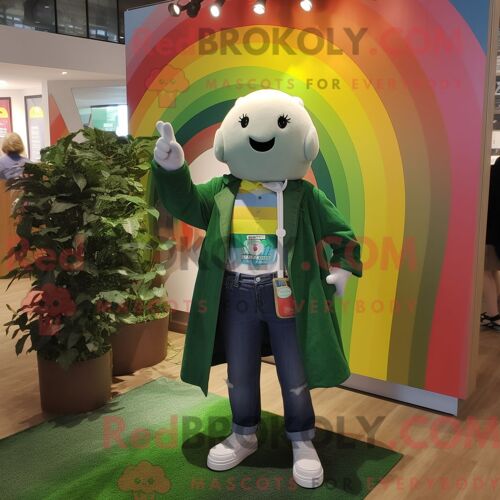 Personnage De Costume De Mascotte Redbrokoly Arc-En-Ciel Vert Forêt Habillé D Un Jean Maman Et De Pochettes De Costume