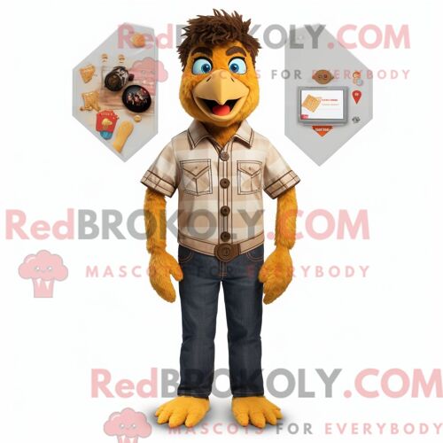 Costume De Mascotte Redbrokoly De Poulet Frit Beige Personnage Habillé Avec Une Chemise Boutonnée Et Des Broches