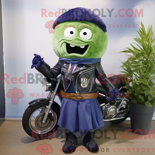 Costume De Mascotte Redbrokoly De Concombre Bleu Marine Habillé D Une Veste De Motard Et D Épingles À Châle