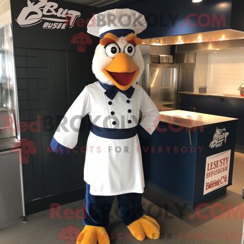 Personnage De Costume De Mascotte Redbrokoly De Poulet Au Beurre Bleu Marine Habillé D Une Chemise Habillée Et De Ceintures De Smoking