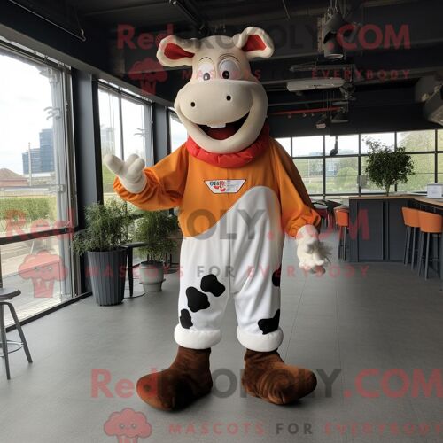 Personnage De Costume De Mascotte Redbrokoly De Vache Holstein Rouille Habillé D Une Combinaison Et De Coussinets De Pieds