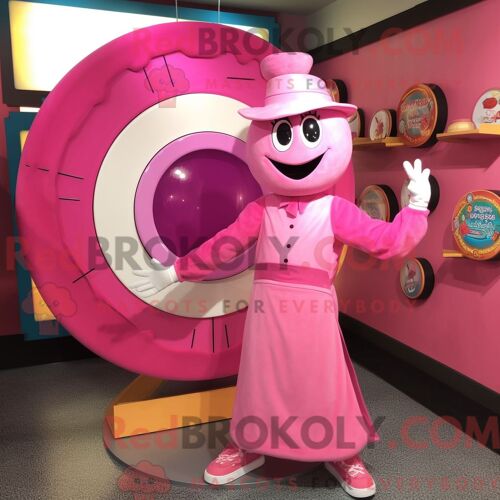 Personnage De Costume De Mascotte Redbrokoly Pink Plate Spinner Habillé Avec Un Gilet Et Des Épingles À Châle