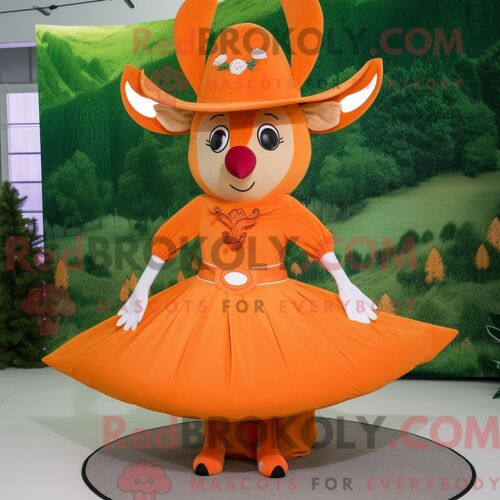 Costume De Mascotte Redbrokoly De Cerf Orange Habillé D Une Jupe Circulaire Et D Épingles À Chapeau