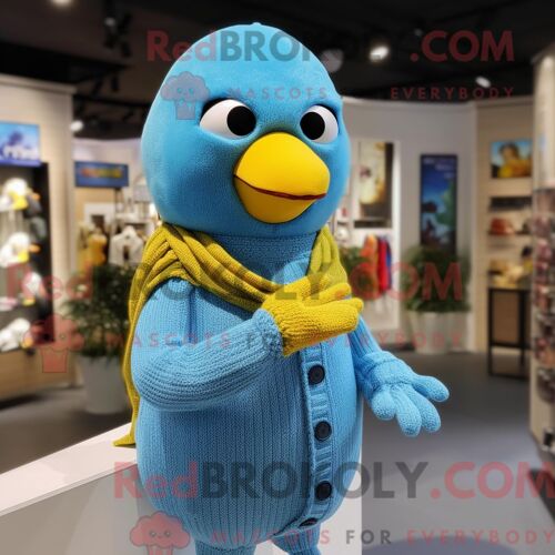 Costume Mascotte Redbrokoly De Canari Bleu Ciel Personnage Habillé Avec Un Pull Et Des Gants