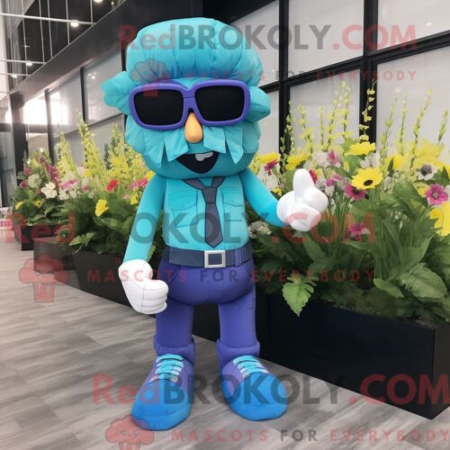 Costume Mascotte Redbrokoly De Bouquet De Fleurs Cyan Habillé Avec Un Pantalon Cargo Et Des Lunettes De Soleil